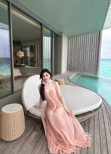 High-End Fluttering Ribbon Wiggle Mesh Patched Tset Dress Women's Holiday Birthday Party Evening Dress